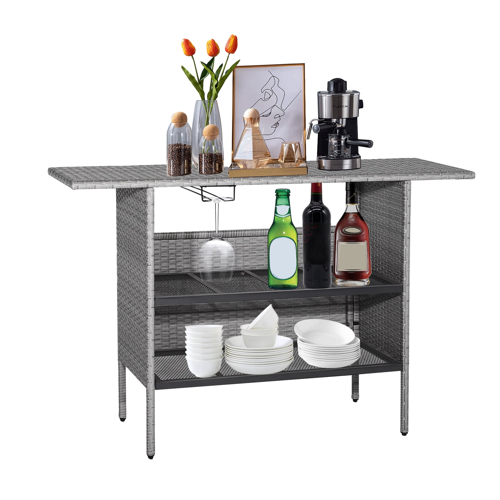 Fonirra Outdoor Patio Wicker Bar Counter Table w/ 2 Steel Shelves