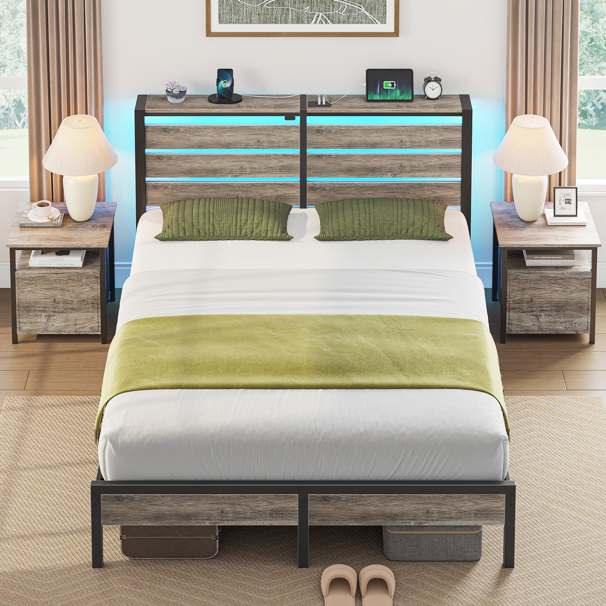 Greenstell Full Size Bed Frame with Storage Headboard,Wood Platform Bed with LED Lights & USB Charging Station,Double Bed Frame with Metal Slats,Light Gray