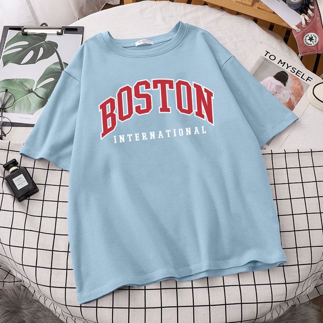Harajuku verano de las mujeres T-shirt Casual Boston impresión Top camiseta de las mujeres camiseta de manga corta camiseta de gran tamaño Streetwear camisapangjing