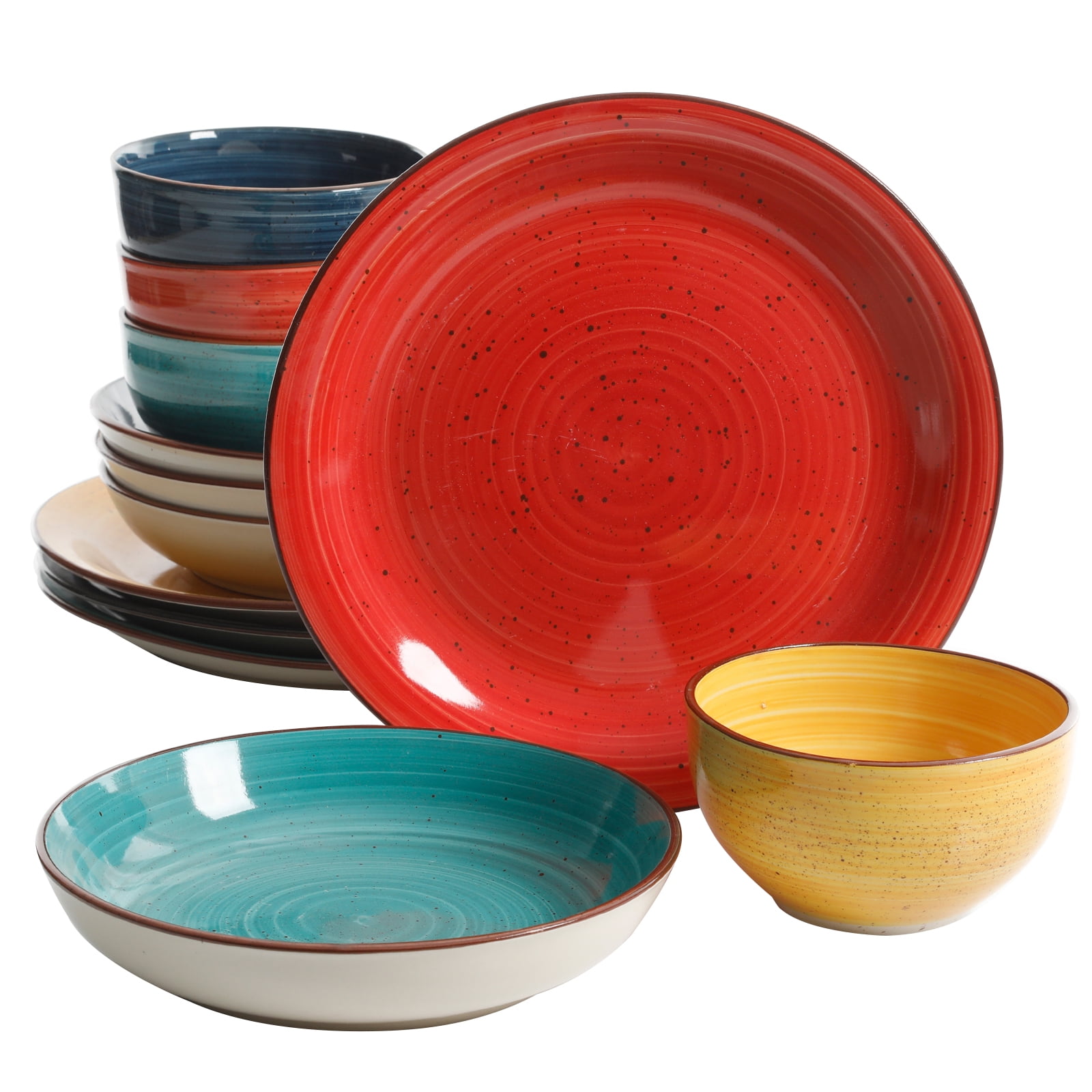 Colorful Dinnerware Set 12-Piece Stoneware Plates Kitchen Dish Bowl Hand Painted