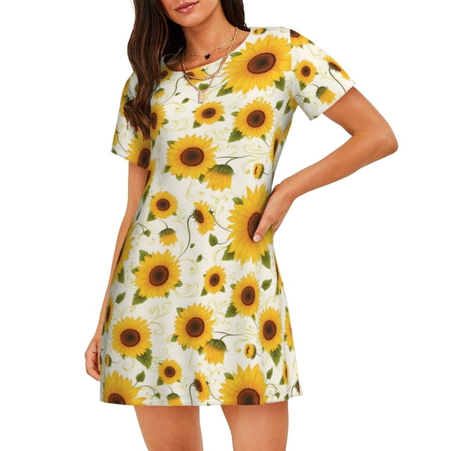 Disketp European-style Pattern Sunflower A para Camisón Corto de Manga Corta para Mujeres, Camisón Cómodo con Escote Redondo, Bonito y Confortable
