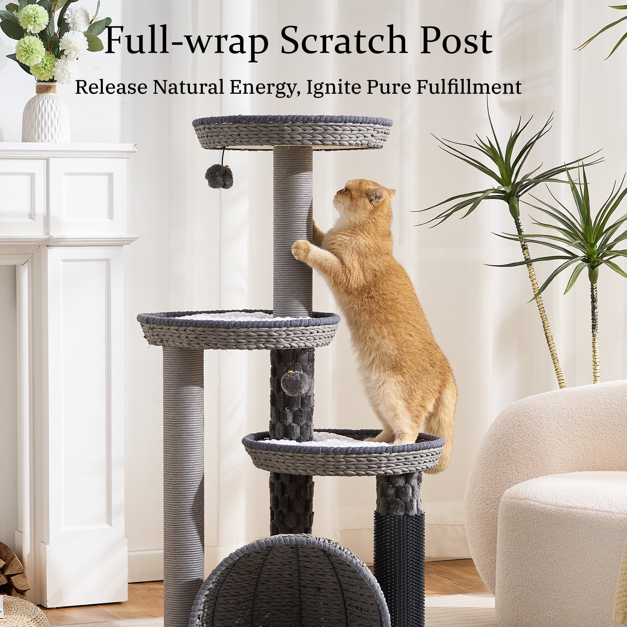 Wood Modern Cat Tree for Large Cat, 46" Tall Cat Tower with Sisal Scratching Posts, Cat Condo, Aesthetic Multi-Level Cat Climbing Tree with Hand-Woven Bed for Adult Indoor Cats-Blue