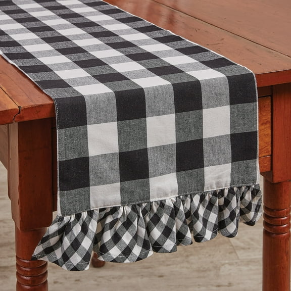 Park Designs Buffalo Check Ruffled Black and Cream Table Runner 13" x 54"