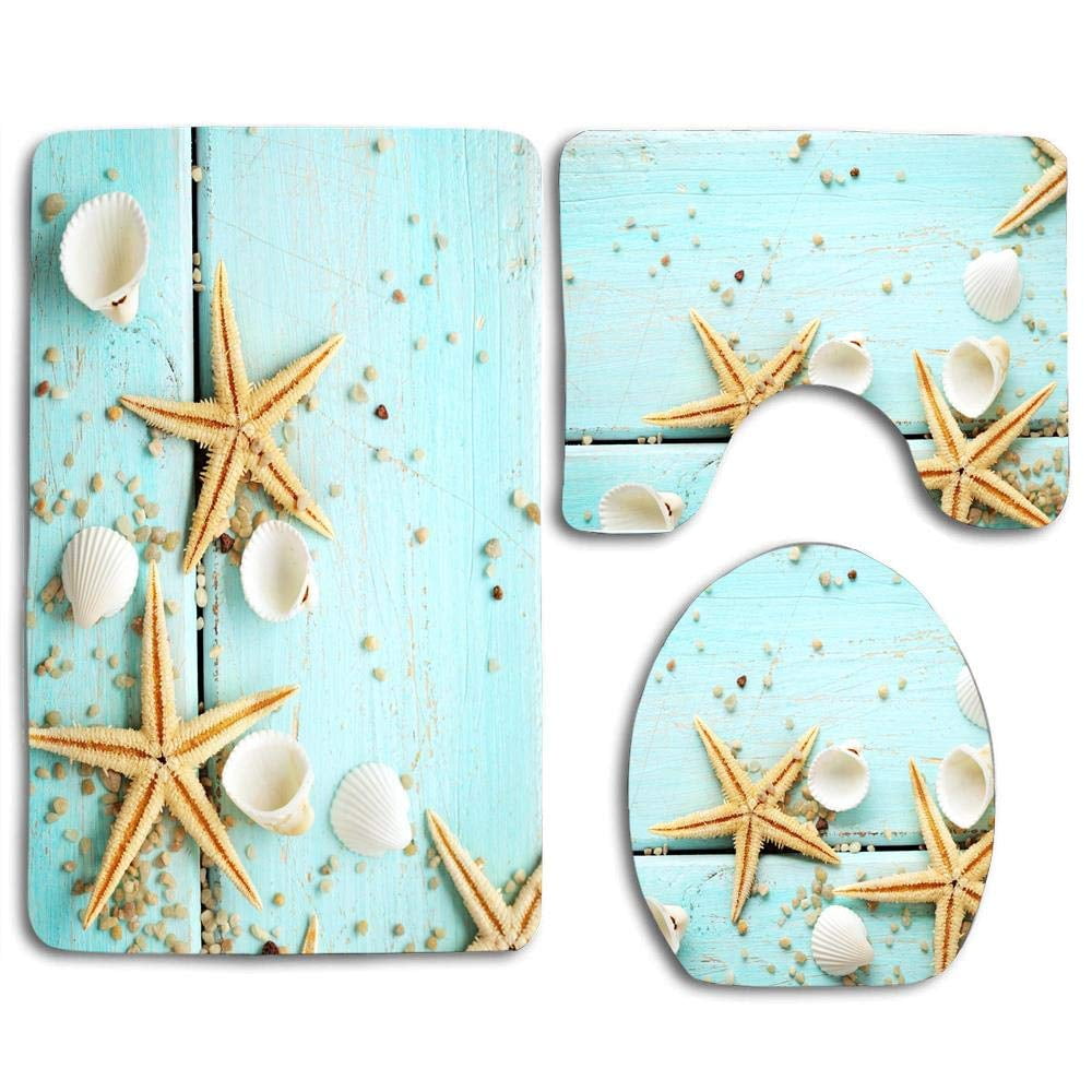 GOHAO Starfish Seashells on Blue Wood 3 Piece Bathroom Rugs Set Bath
