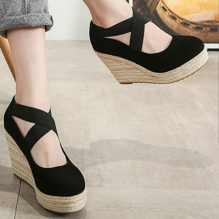 

Women s Suede Wedge Sandals Soft Closed Toe Cross-tied Slip On Dress High Heel Platform Shoes Lady Elegant Party Shoes