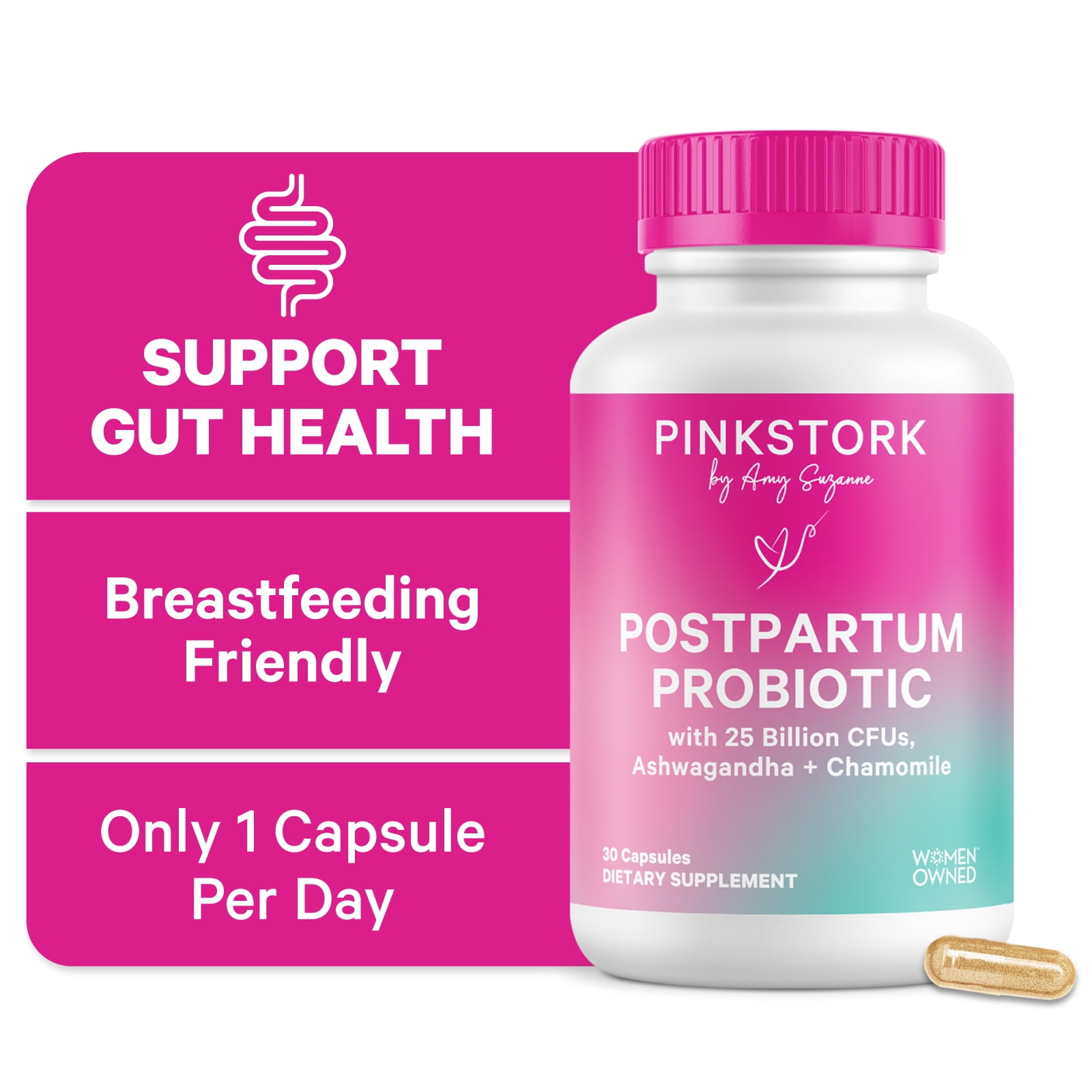 Pink Stork Postpartum Probiotics for Women with Ashwagandha and Chamomile, 30 Capsules