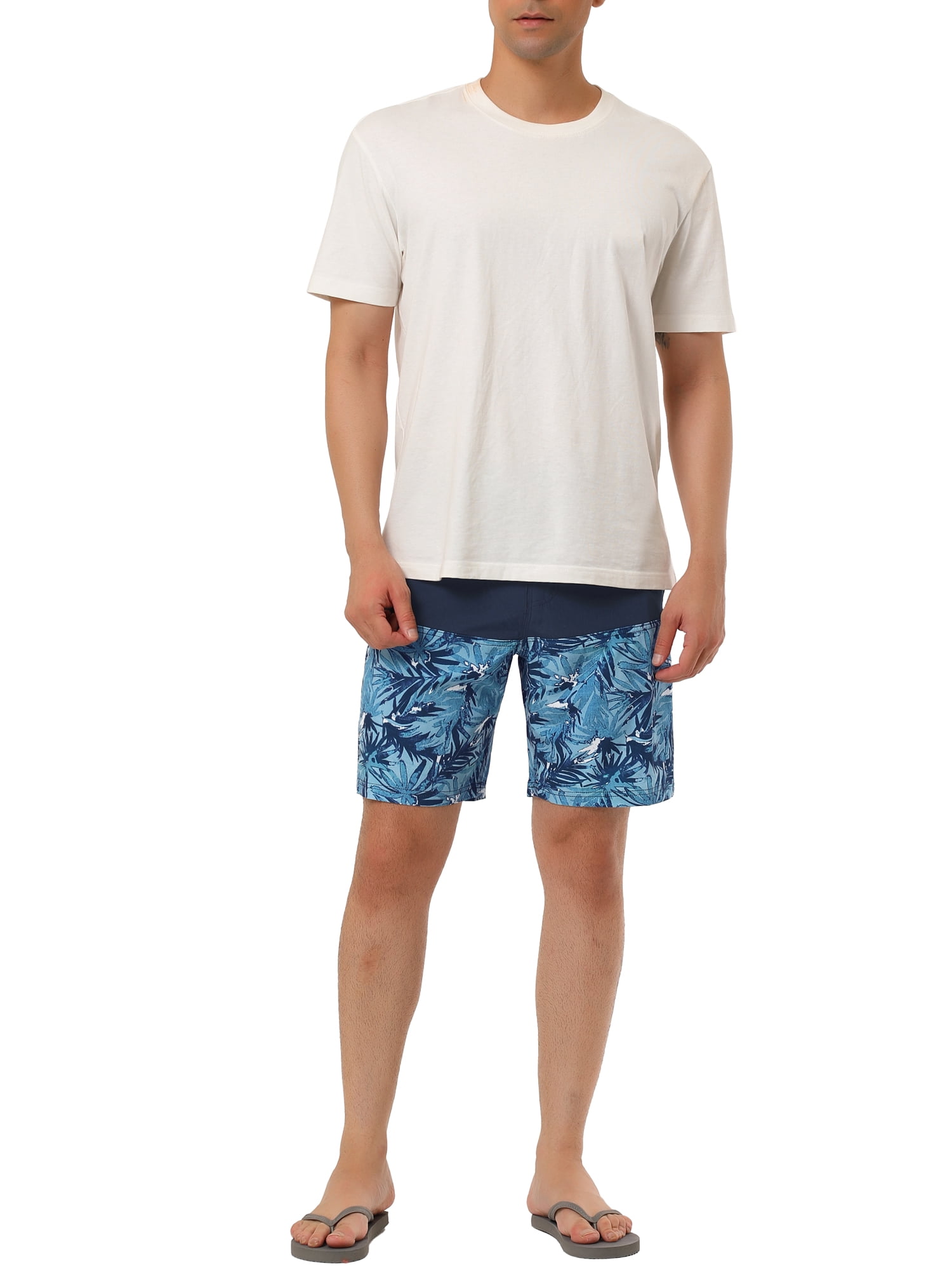 Unique Bargains Men's Summer Swim Color Block Drawstring Beach Board Shorts 32 Navy Leaf