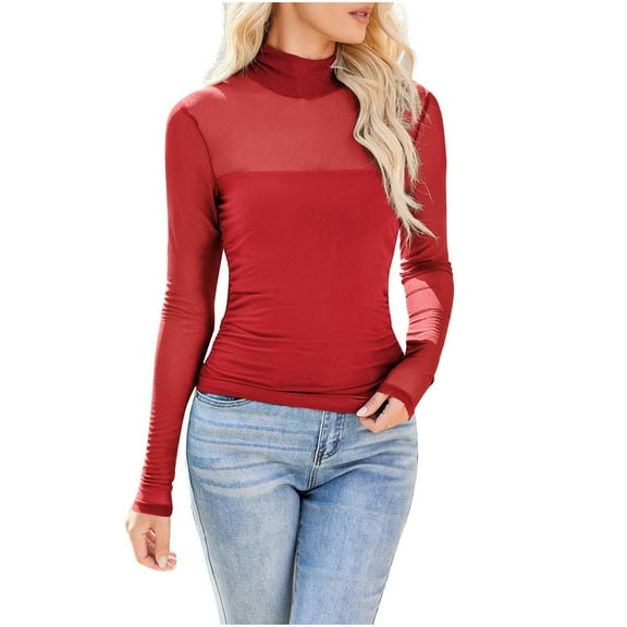 hotojiny Going out Tops for Women Trendy See Through Mock Neck Shirt Soft Solid Long Sleeve Ruched Party Clubwear Summer Outfit
