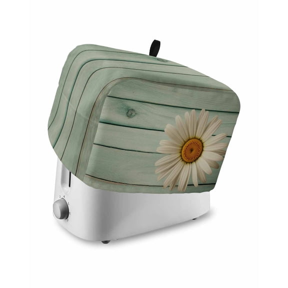 Daisy Flower Small Toaster Cover 2 Slice, Kitchen Appliance Covers, Modern Art Floral Farmhouse Teal Wooden Grain Toaster Oven Cover with Loop, Bread Machine Cover Polyester Dust Cover Protection