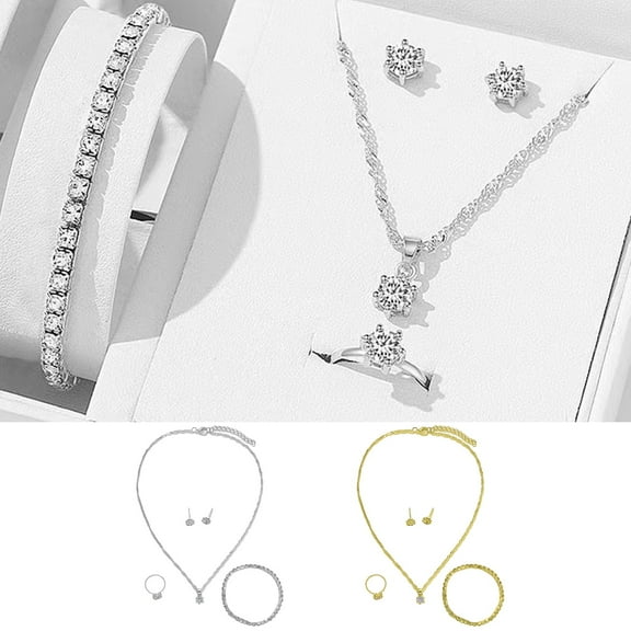 Soumake 1 Set Women Jewelry Set Earrings Bracelet Necklace Ring Rhinestone Adjustable Ring Stainless Colorfast Lightweight Lady Birthday Gift Mother Present Fashion