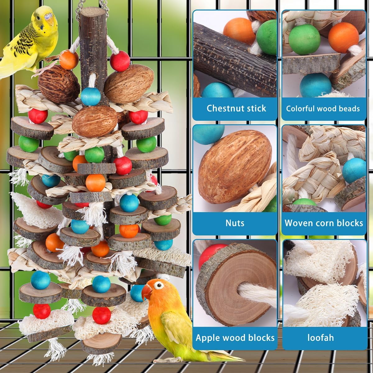 Parrot Toys Bird Chewing Toys-Natural Nuts Corn Loofah Wooden Bird Cage Toy for African Grey, Macaws, Conure, Cockatoos, Cockatiel, Amazon Parrots and Other Birds
