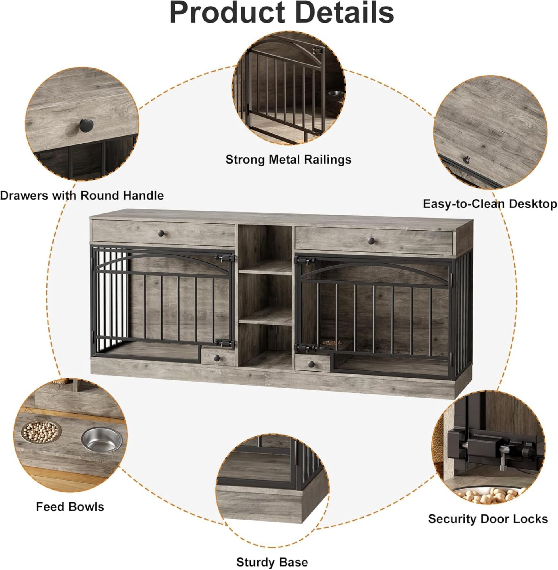 Accreate Dog Crate Furniture for 2 Dog, 78.7'' Large Dog Kennel Indoor with 2 Storage Drawers, 3 Shelves and Feeding Bowls, Double Dog Crate TV Stand for Small and Medium Dogs