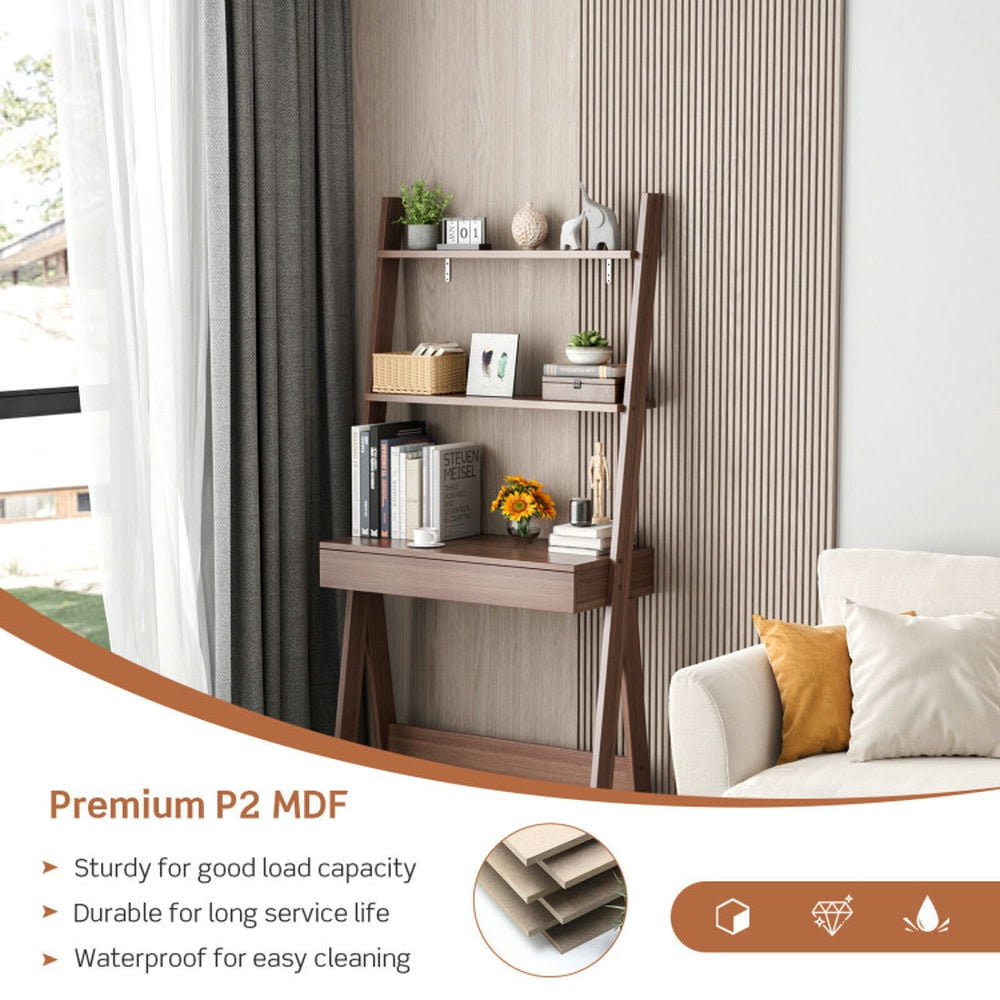 Demi Bonn 3-Tier Ladder Bookshelf, Desk Bookcase with Countertop Drawer and 2 Shelves, Brown