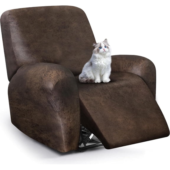 Leather Look Recliner Chair Covers, 4-Pieces Stretch Recliner Cover, Soft Reclining Chair Slipcover, Washable Furniture Protector for Lazy Boy Recliner (1 Seater, Brown)