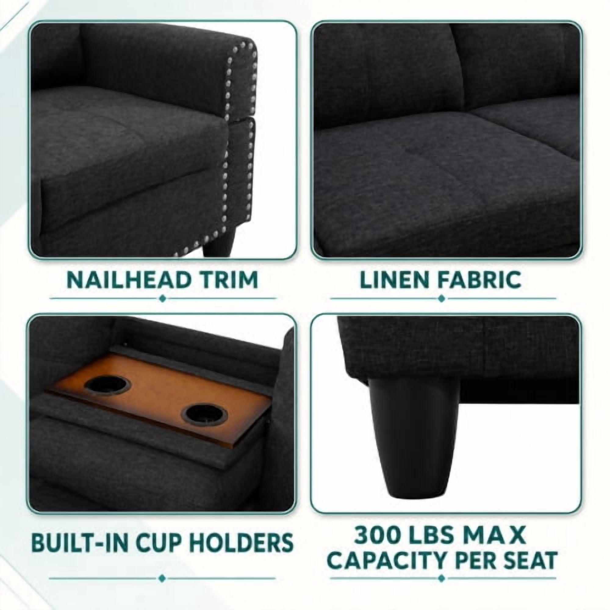 97.5" L-Shaped Sectional Sofa, 2-Piece Modular Couch with Right Chaise, Black Grey Linen, Built-in Cup Holders, Nailhead Trim, Solid Wood Frame