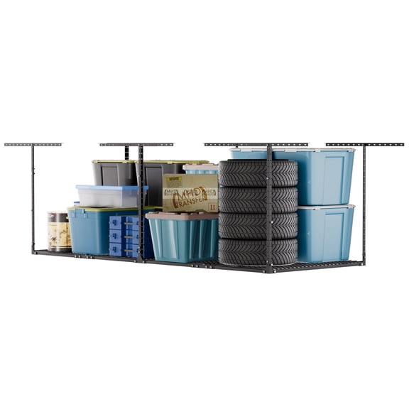 YOHKOH 3×8FT Overhead Garage Storage Rack, Heavy-Duty Adjustable Ceiling Shelving System (22"-42"H) , 600 lb Capacity
