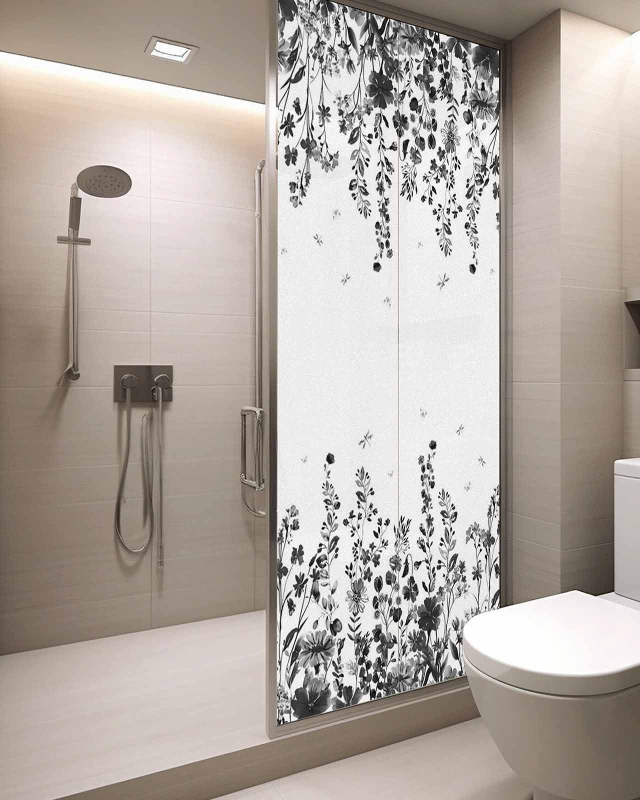 Window Privacy Film Grey Botanical Stained Glass Window Film Decorative Sun Block Window Cover Dragonfly Flower Leaf Retro Ink Style Window Clings Static Adhesive Sticker for Bathroom 29.5"x78.7"