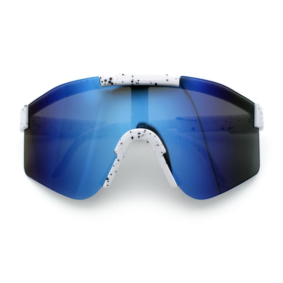 Boys Kid Size Large Shield Rimless Sport MTB Plastic Sunglasses White - Blue Mirror