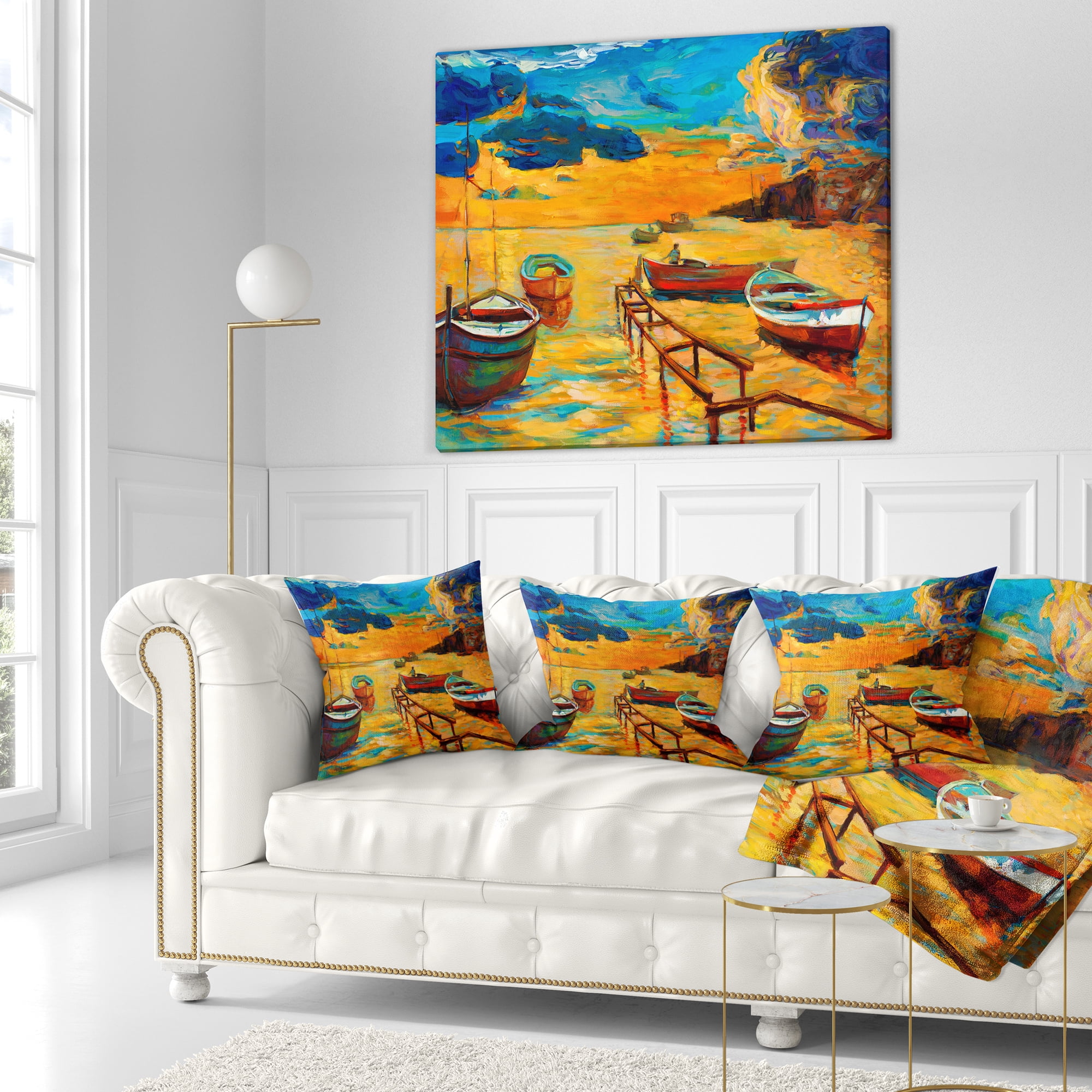 Designart Boats in Beautiful Sea - Seascape Throw Pillow - 16x16