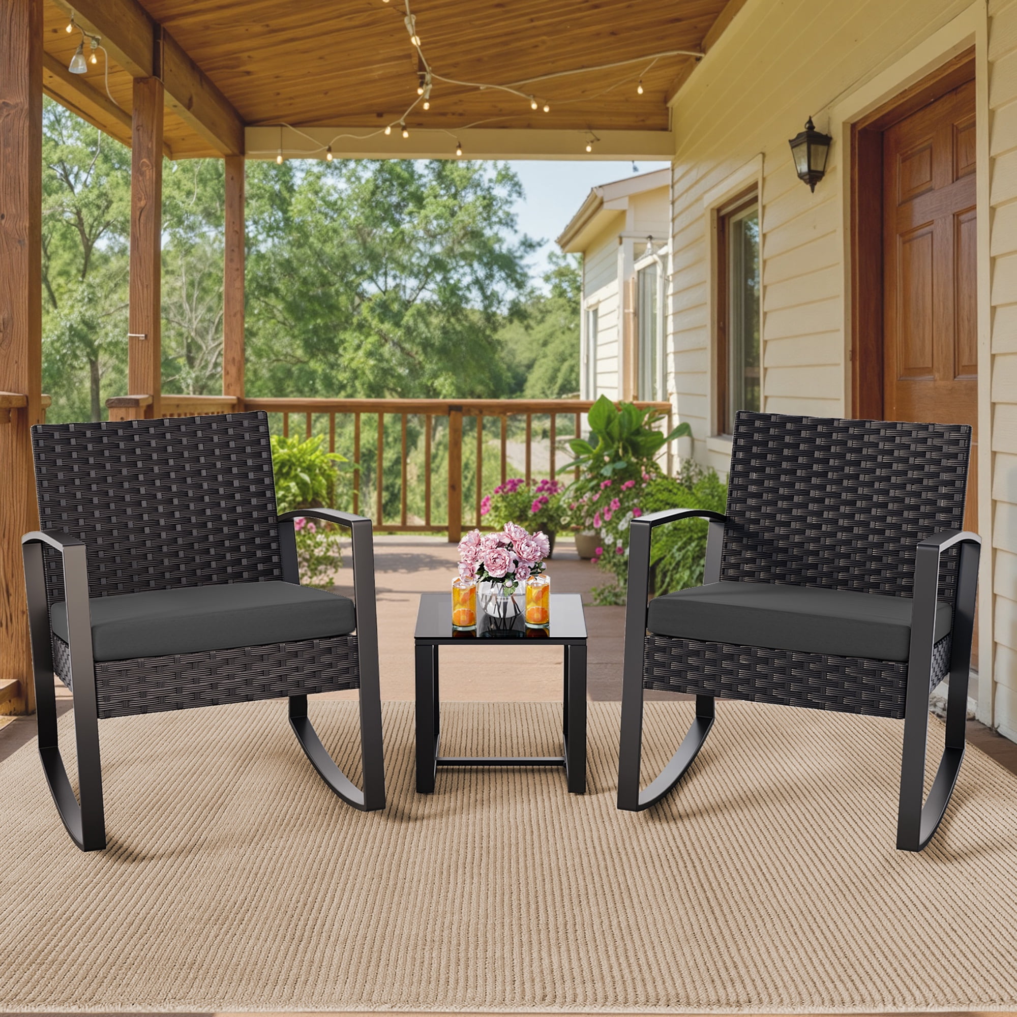 Patio Furniture Set, Asofer Rocking Wicker Chair with Soft Cushion and Coffee Table, for Garden, Balcony, Backyard, Black