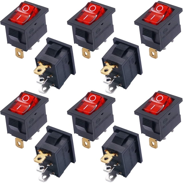 Jinsinto 10 pcs Rocker Toggle Switch Red Light Illuminated On/off Spst 3 Pin 2 Position Kcd1 Snap Ac 250v/10a 125v/12a Kcd1-2-101n