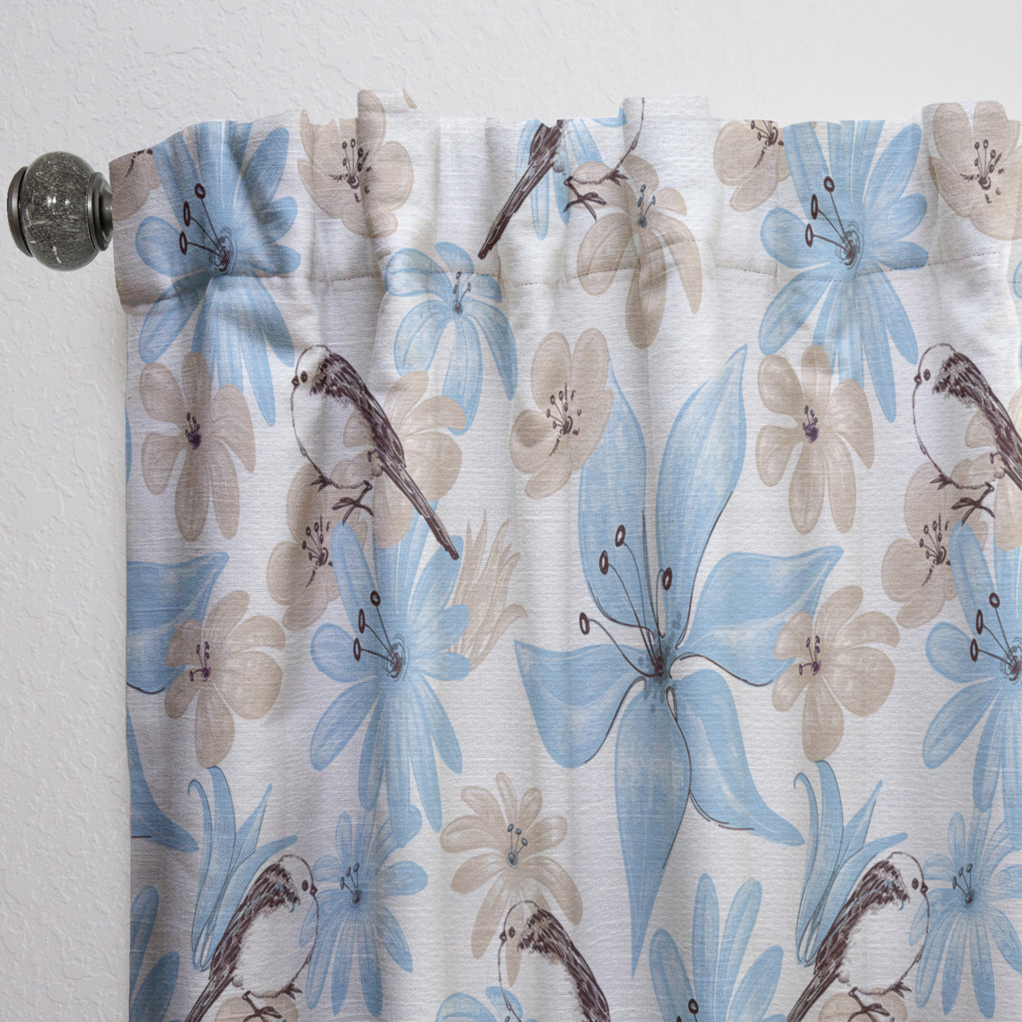 Designart 'Drawing Of Blue Flowers With Little Bird On White' Floral Curtain Panel
