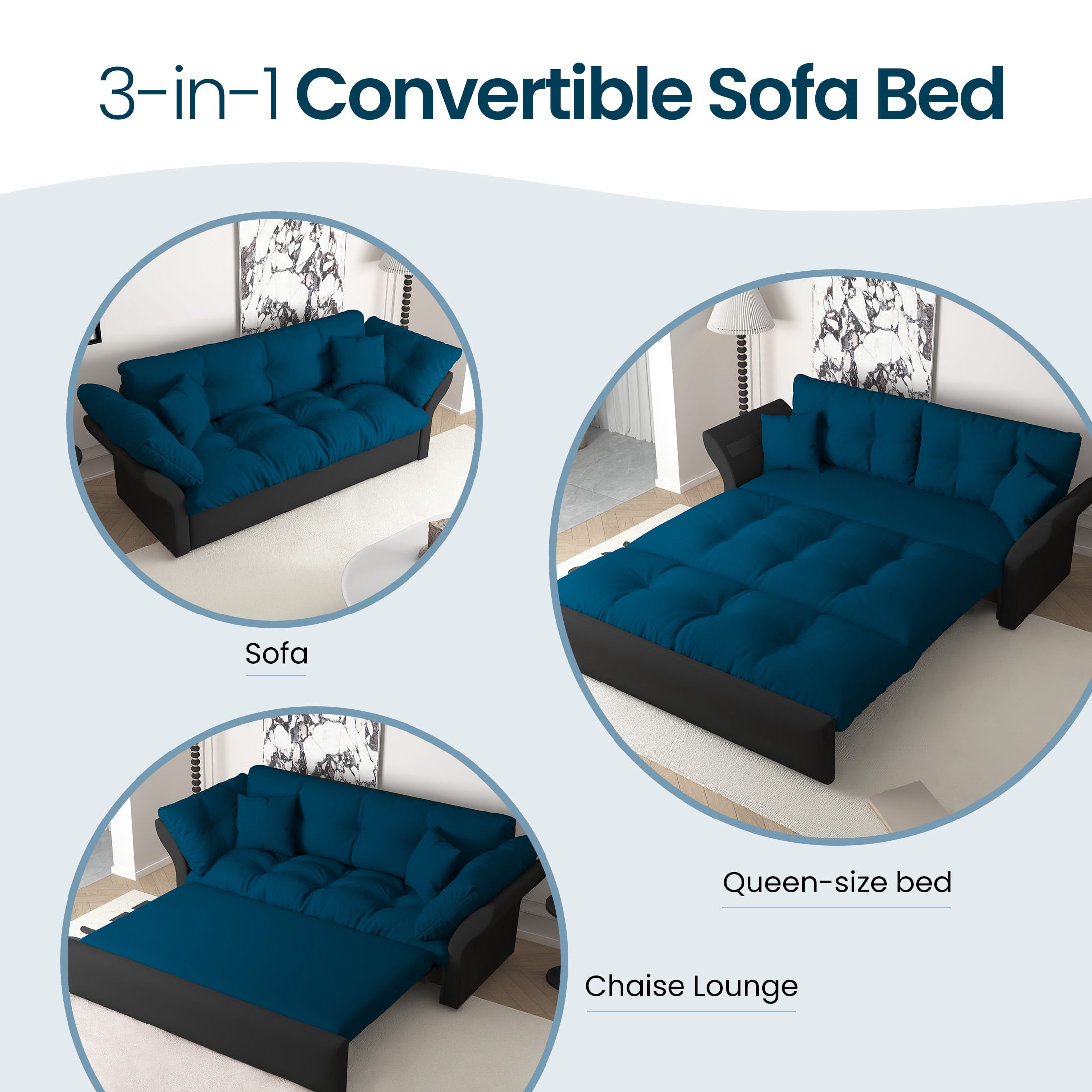 Aukfa 74.8" Queen Pull Out Sofa Bed, Convertible Loveseat Sleeper Sofa Couch with 2 Pillows, Tufted, Blue