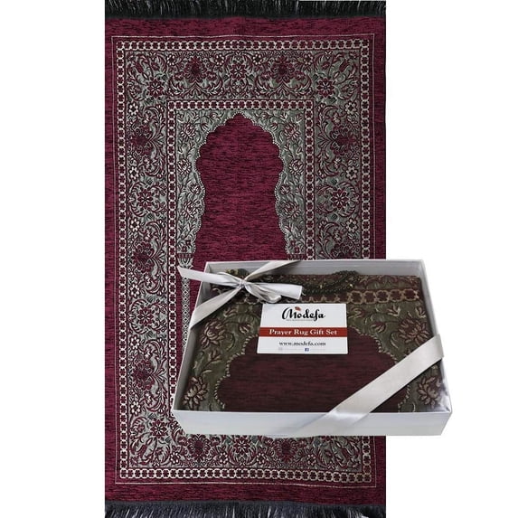 Modefa Turkish Gift Box Set | Thin Woven Chenille Prayer Rug & Acrylic Prayer Beads Tesbih | Standard Adult Size Janamaz Sajjadah Musala | Burgundy