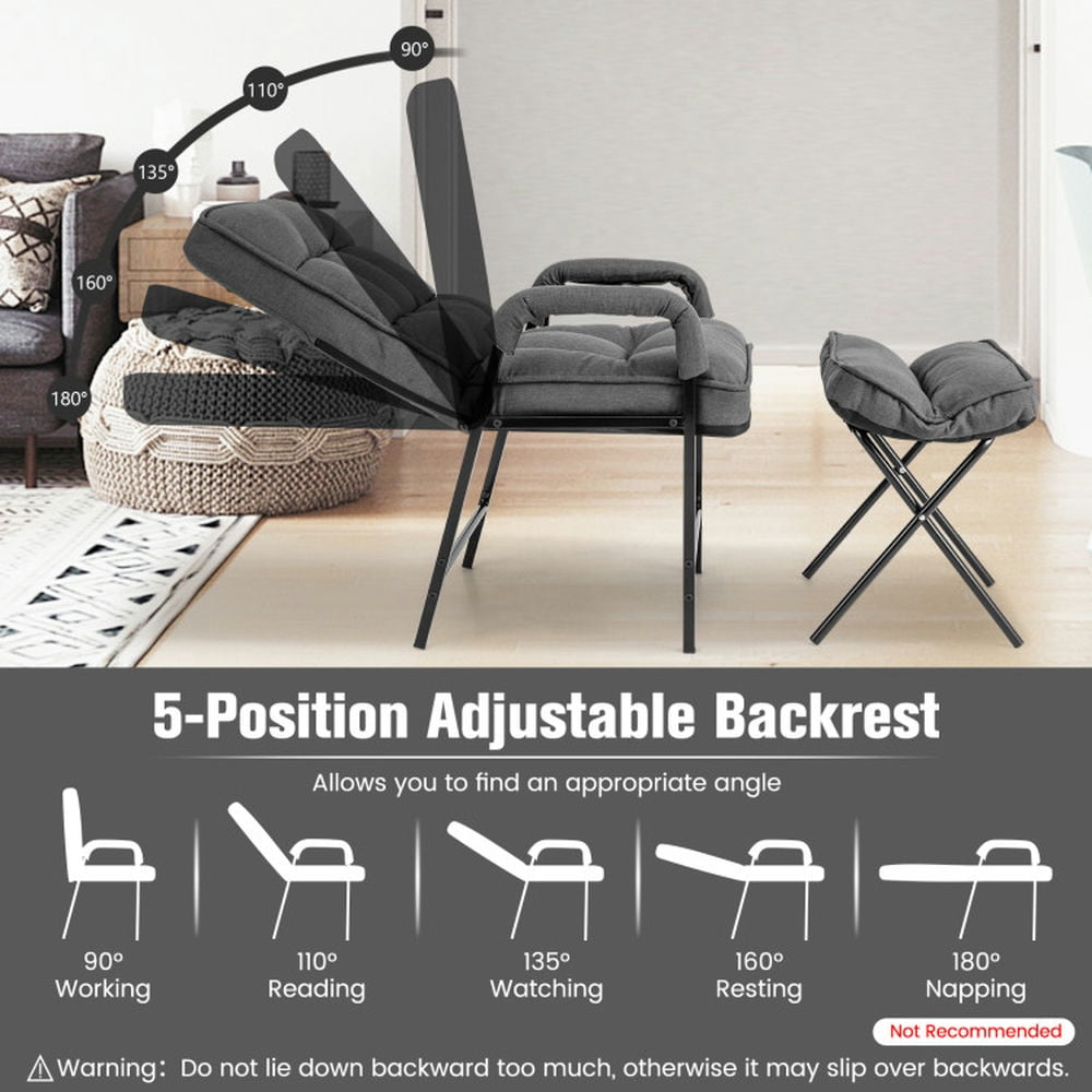 Finihen Sofa Chair, Lounge Armchair Recliner, Linen Fabric Modern Accent Chair with Ottoman and Adjustable Backrest, for Living Room, Bedroom, Dorm, Gray