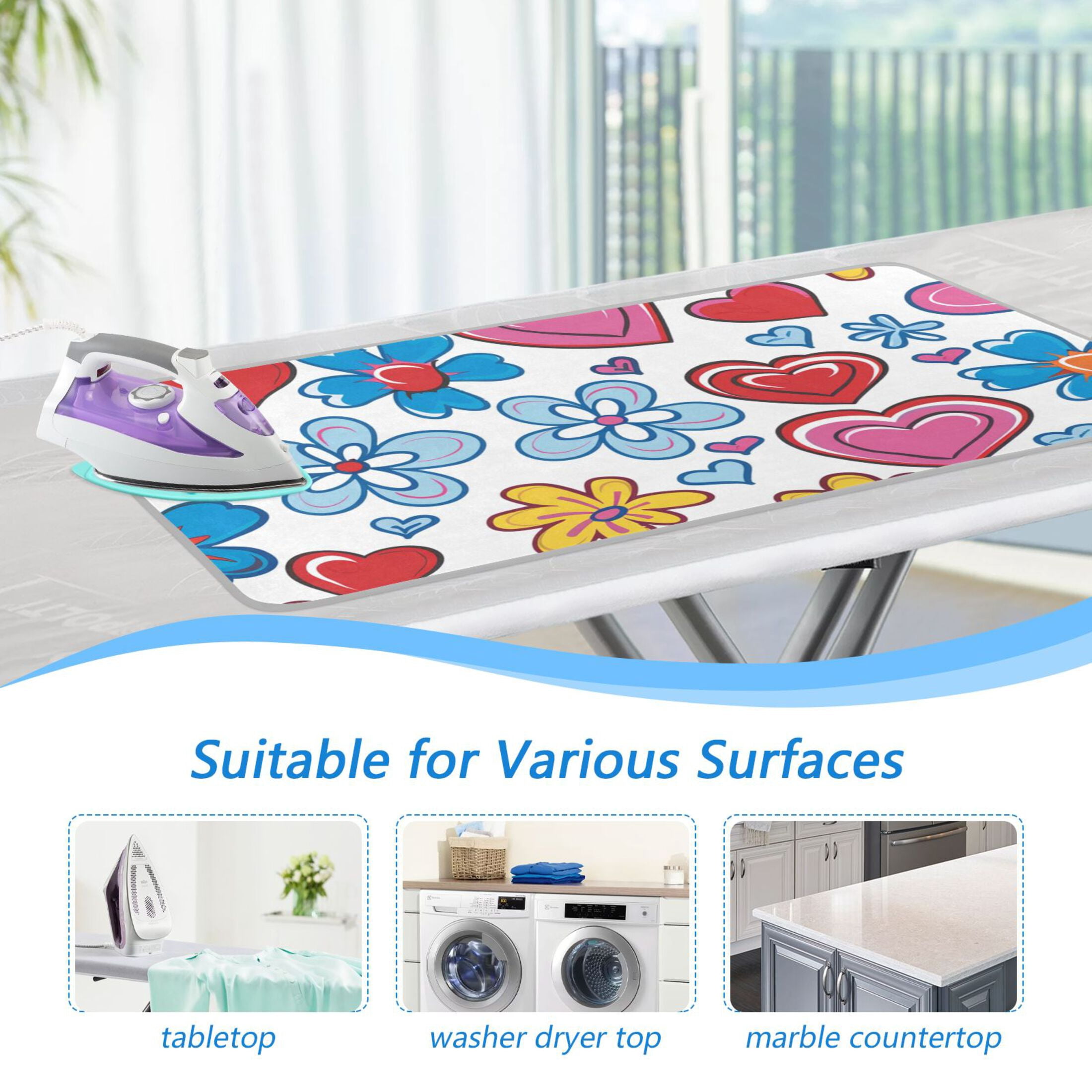 Colorful Hand Drawn Hearts Flowers Ironing Mat Blanket Portable Travel Ironing Pad Heat Resistant Pad 47.2" x 27.6”