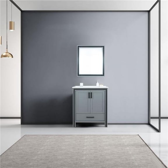 Lexora  30 in. Ziva Single Bathroom Vanity, Cultured Marble Top, White Square Sink & 28 in. Mirror - Dark Grey