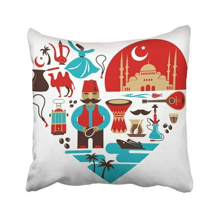 ARTJIA Orange Turkish Turkey Heart With Lot Of And Illustrations Tan Istanbul Travel Food Man Hat Pillowcase Throw Pillow Cover 18x18