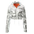 thumbnail image 2 of Abrigo de invierno acolchado para mujer, con cremallera completa, holgado, cálido, con cordón grueso, chaqueta hinchada ligera y brillante, color plateado S, 2 of 8