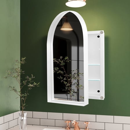 Bathroom Mirror And Shelf Cabinet - 24x36 Inch Arched Recessed Metal Framed With Adjustable Shelves In White Wall For Comfort Organization