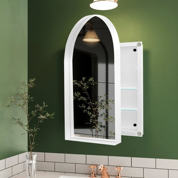 Bathroom Mirror And Shelf Cabinet - 24x36 Inch Arched Recessed Metal Framed With Adjustable Shelves In White Wall For Comfort Organization