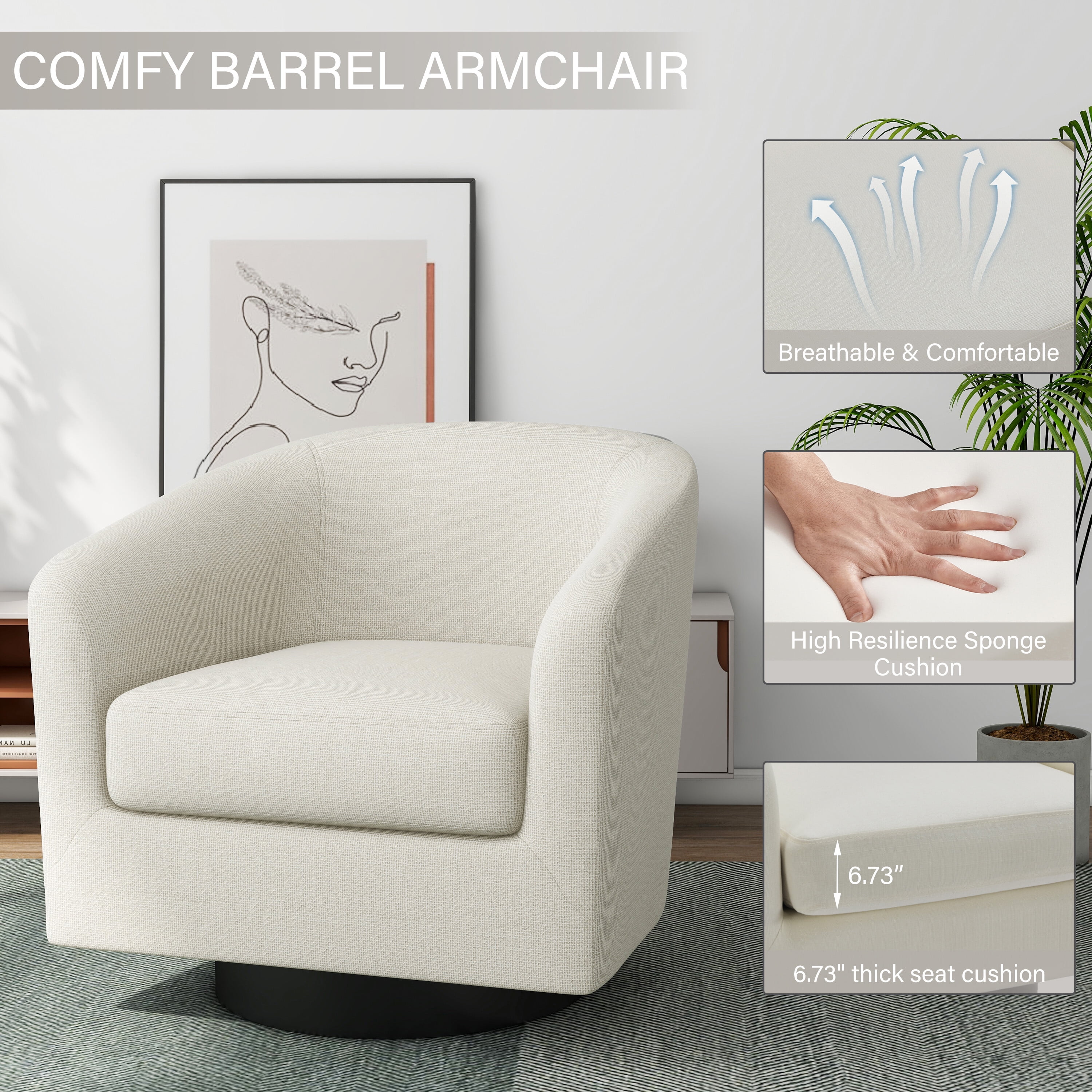 DREAMSIDEA Swivel Barrel Accent Chairs Set of 2, Modern Upholstered Living Room Chair-Cream
