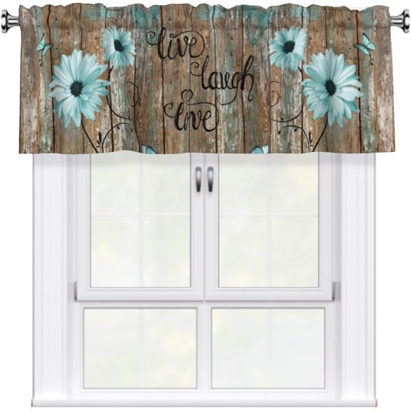 Rustic Daisy Flower Window Treatment Valances 54"x18" Vintage Teal Sunflowers Wood Board Rod Pocket Kitchen Valance 1 Panel Live Laugh Love Curtain Valance for Bathroom Living Room