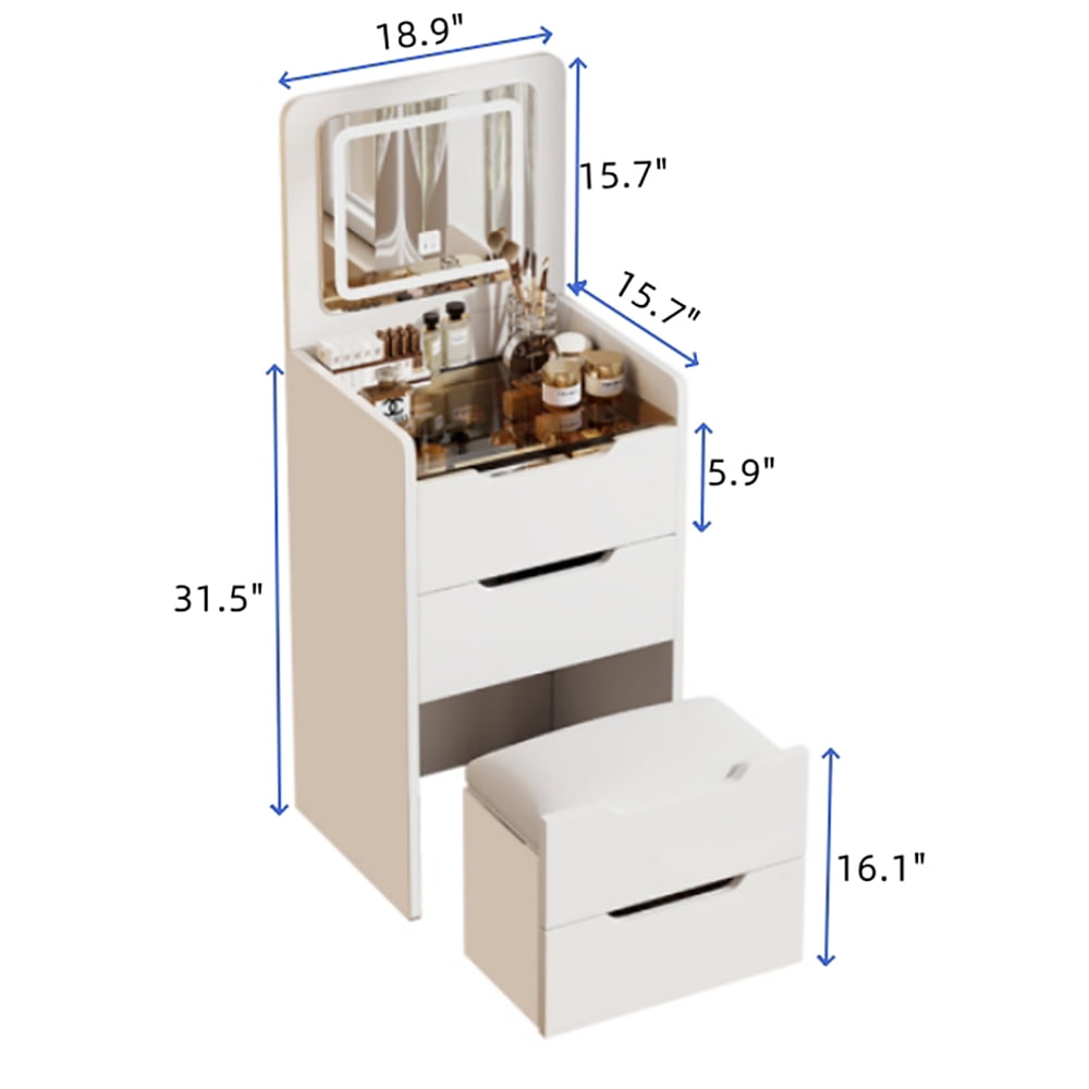 Miniyam Vanity Desk with Lighted Flip Mirror, Drawers & Stool, Makeup Table for Adults, White