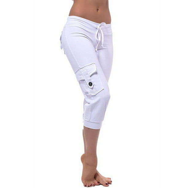 Ritualay Ladies Capris Pant Drawstring Capri Yoga Pants Running Slim Fit  Bottoms Low Waist Lounge Trousers White 3XL