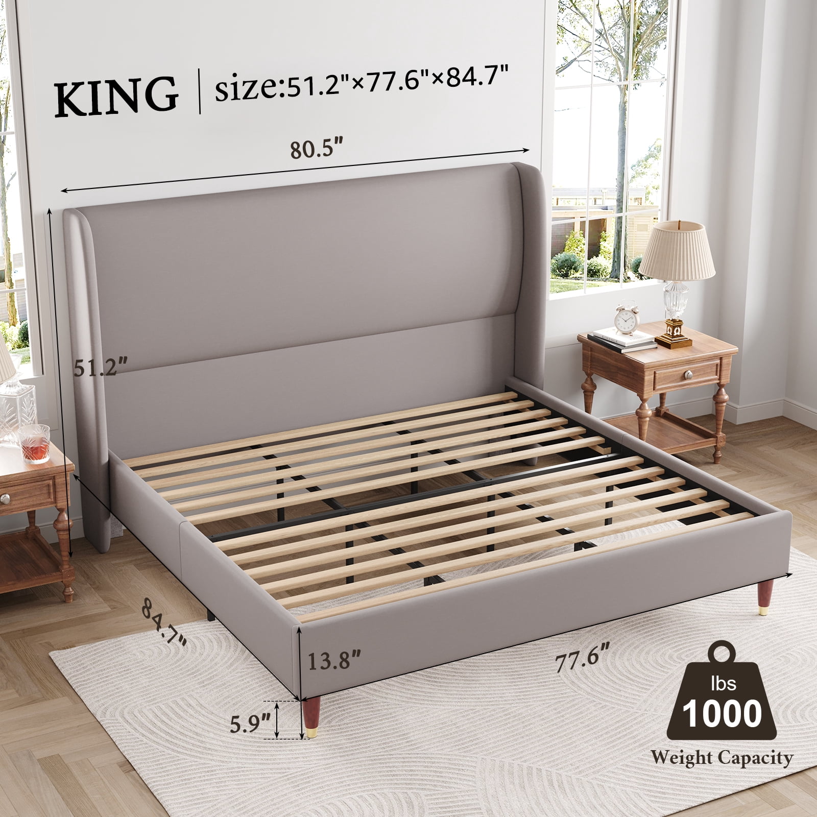 Merluxy 51.2" King Bed Frame with High Headboard,Upholstered Bed,Light Grey