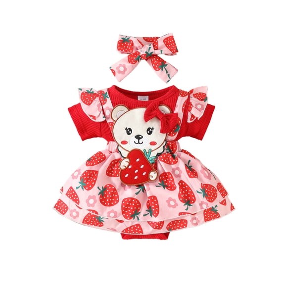 Ensemble de Vêtements pour Enfants de 0 à 3 Mois : Justaucorps à Manches Courtes Côtelés avec Dessin Animé de Fraise, Robe et Bandeaux pour Nouveau-Nées Filles