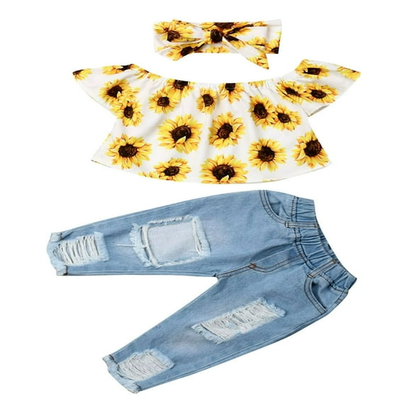 3PCS Toddler Infant Kids Baby Girls Sunflower Tops Ripped Jeans and Headband Summer Outfits White 2-3 Years