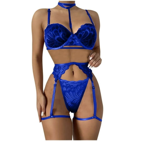 

Women Sexy Solid Color Bralette Panty Strappy Lace Embroidery Lingerie Garter Belts Set
