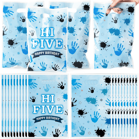 MALLMALL6 50Pcs Blue Paint Party Favor Bags,Goody Candy Treat Gifts Bags with Handle for 5th Birthday Anniversary Baby Shower Supplies