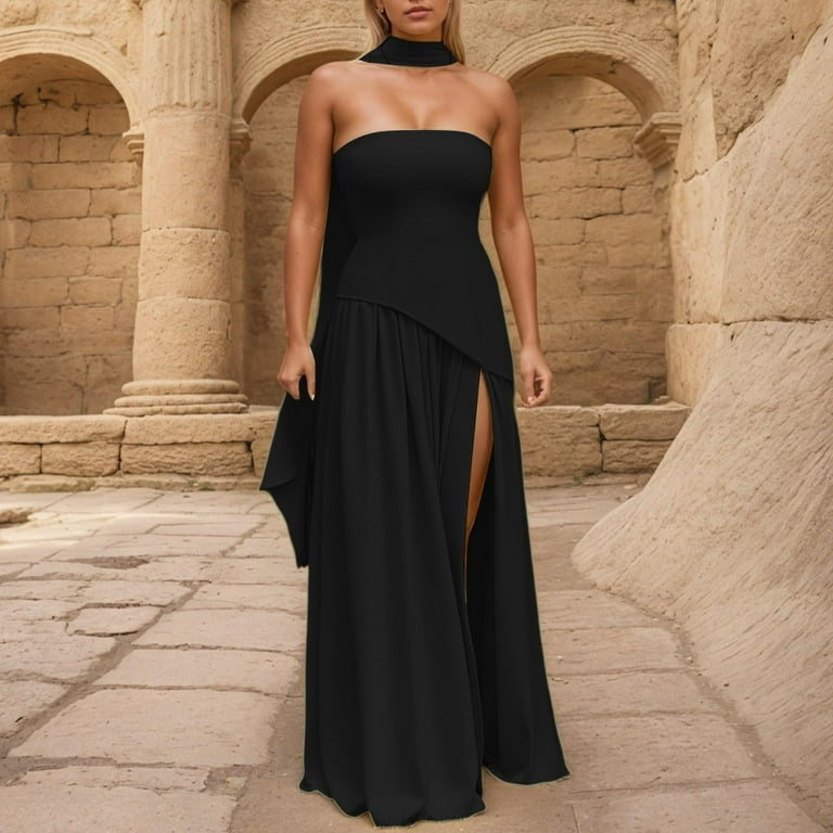 THDHVS Wedding Guest Dress,Plus Size Cocktail Dress,Women Solid Color  Strapless Maxi Dress with Mixed Texture Panels Casual Elegant Black