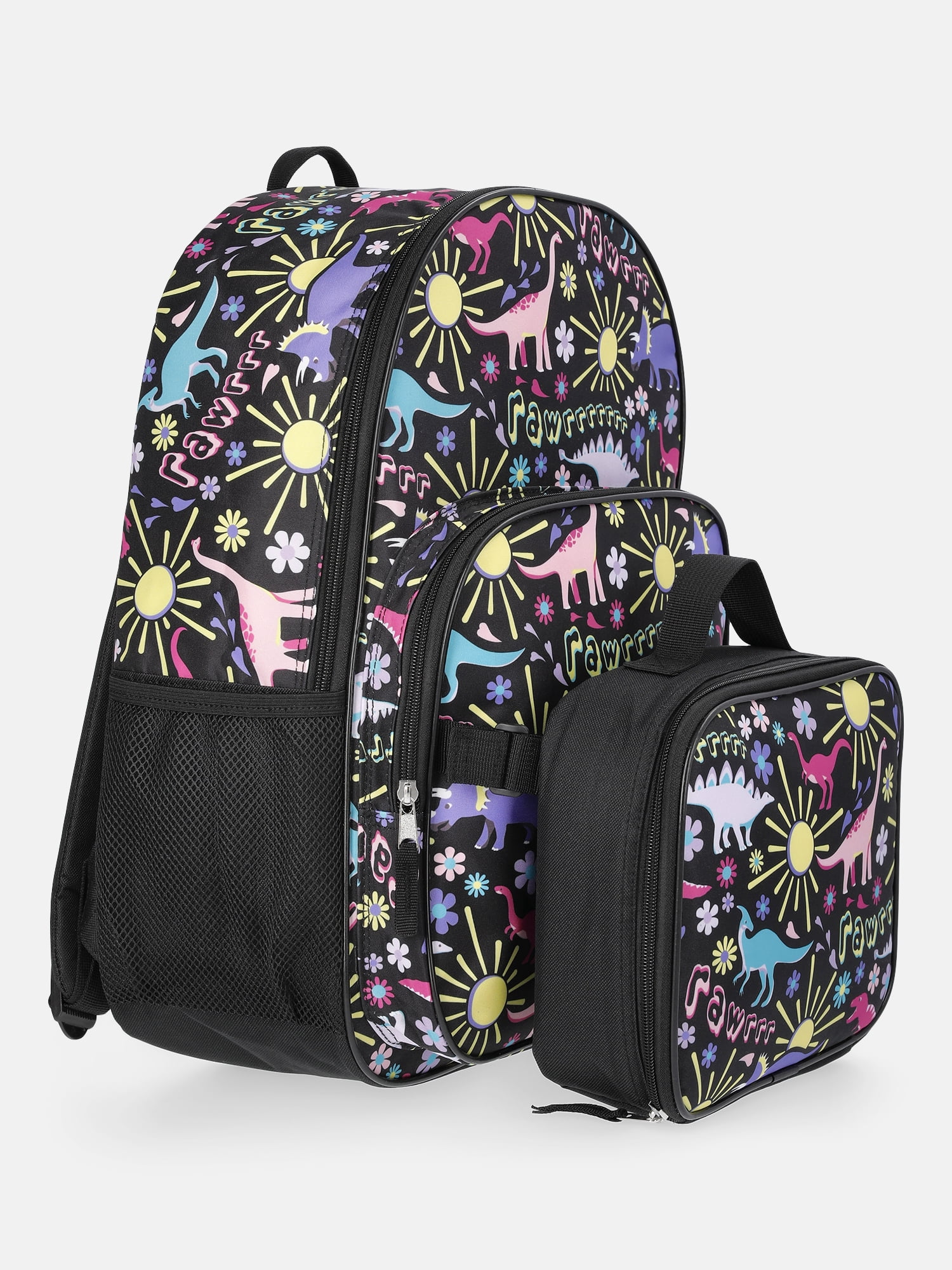 Wonder Nation Girls 17" Fossil Gardens Dinosaur Backpack & Lunch Set, Black