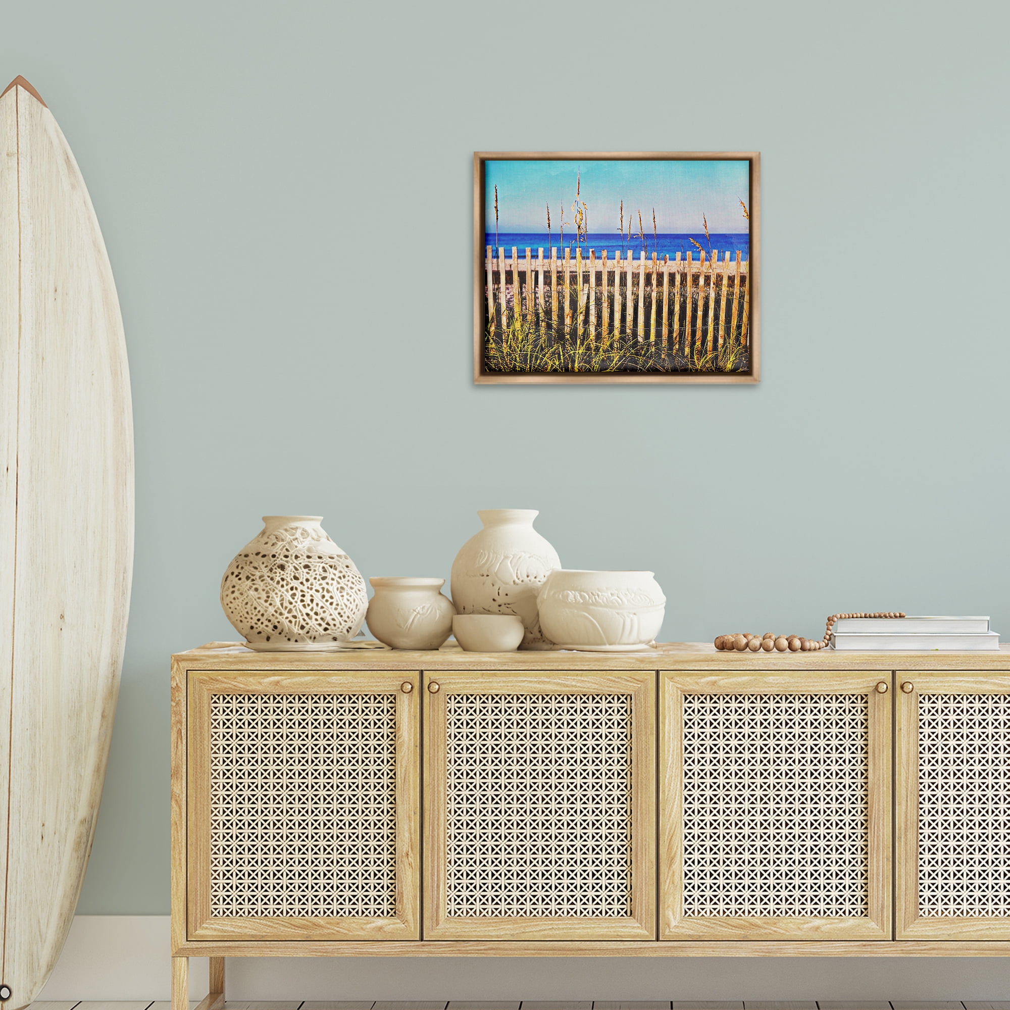 Stupell Industries Florida Fenced Beach Nautical & Beach Painting Brown Floater Framed Canvas Art Print Wall Art, 21 x 17