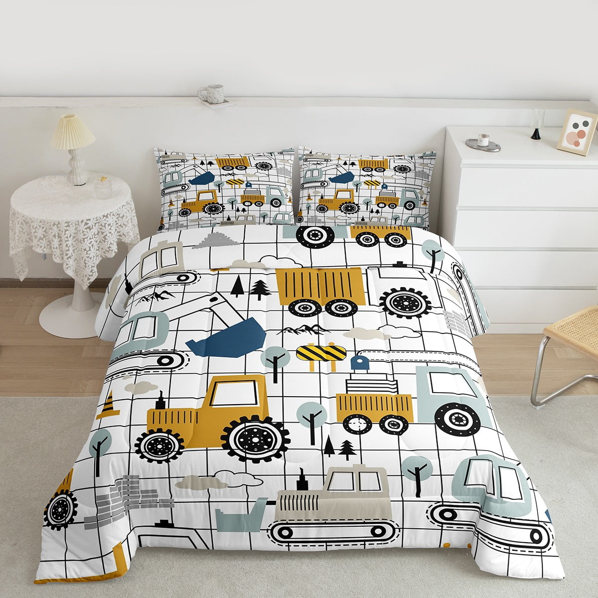 Erosebridal Construction Comforter Set Twin Size Excavator Tractor Twin Comforter Cartoon Car Equipment Trucks Plaid Grid Comforter Set Construction Vehicles White Duvet Set Quilt Set