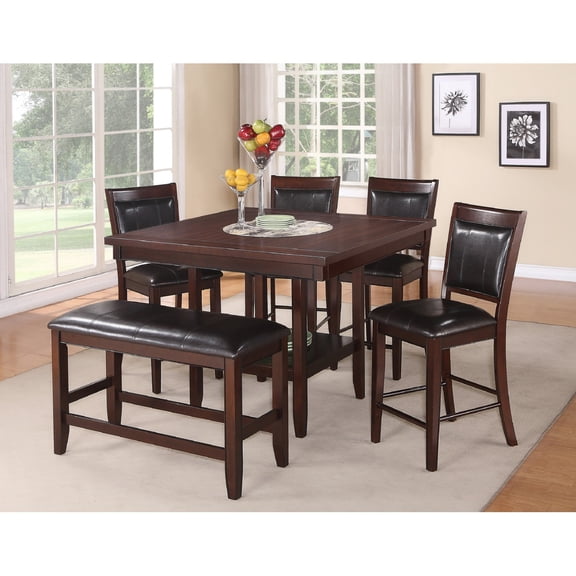 6pc Dining Set Contemporary Farmhouse Style Counter Height w 20-Inch Lazy Susan Dark Brown Espresso Finish Faux Leather Upholstered Chairs Bench Wooden Wood Veneers Solid Wood Dining Room Furniture