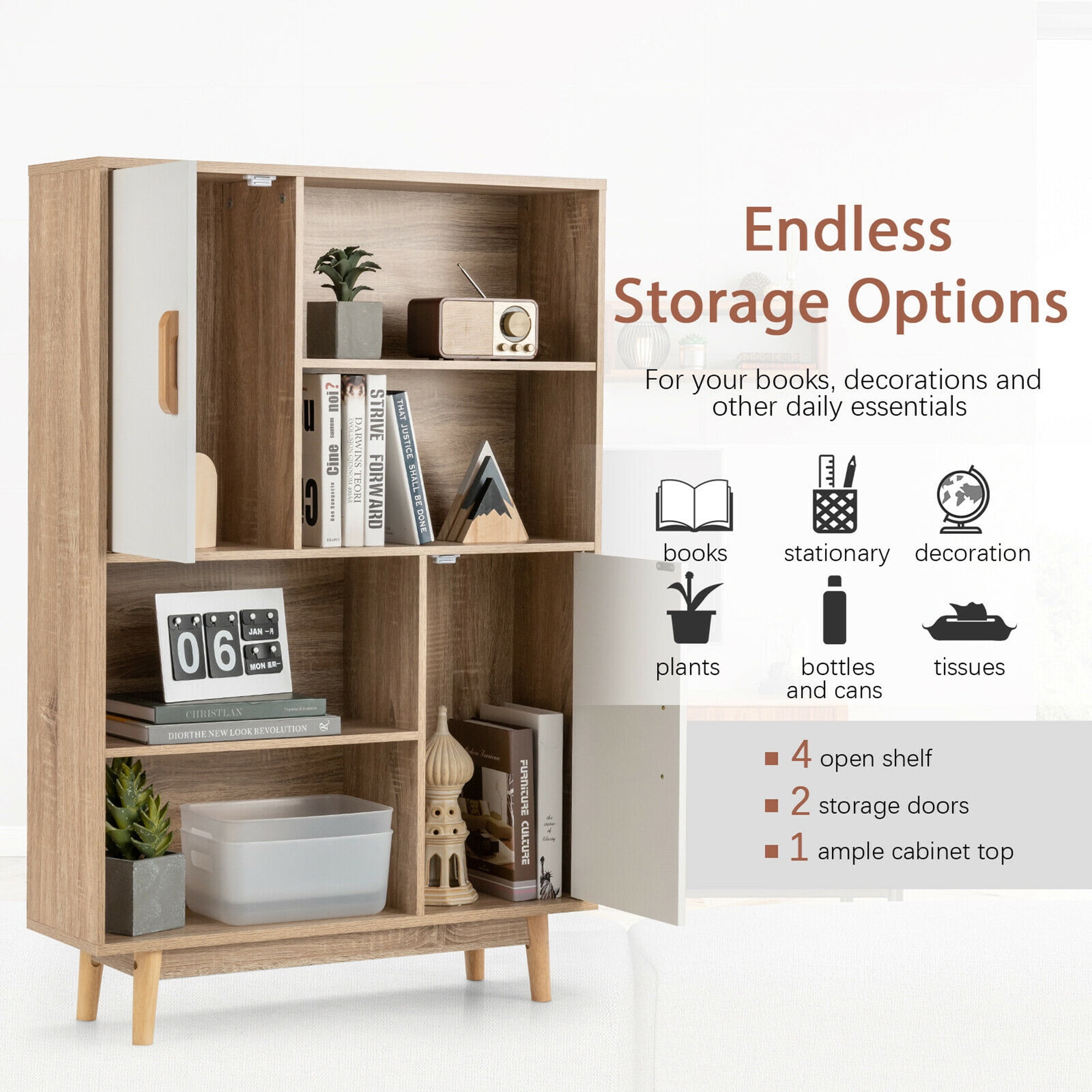 Gymax Storage Cabinet with 2 Doors, White/Natural